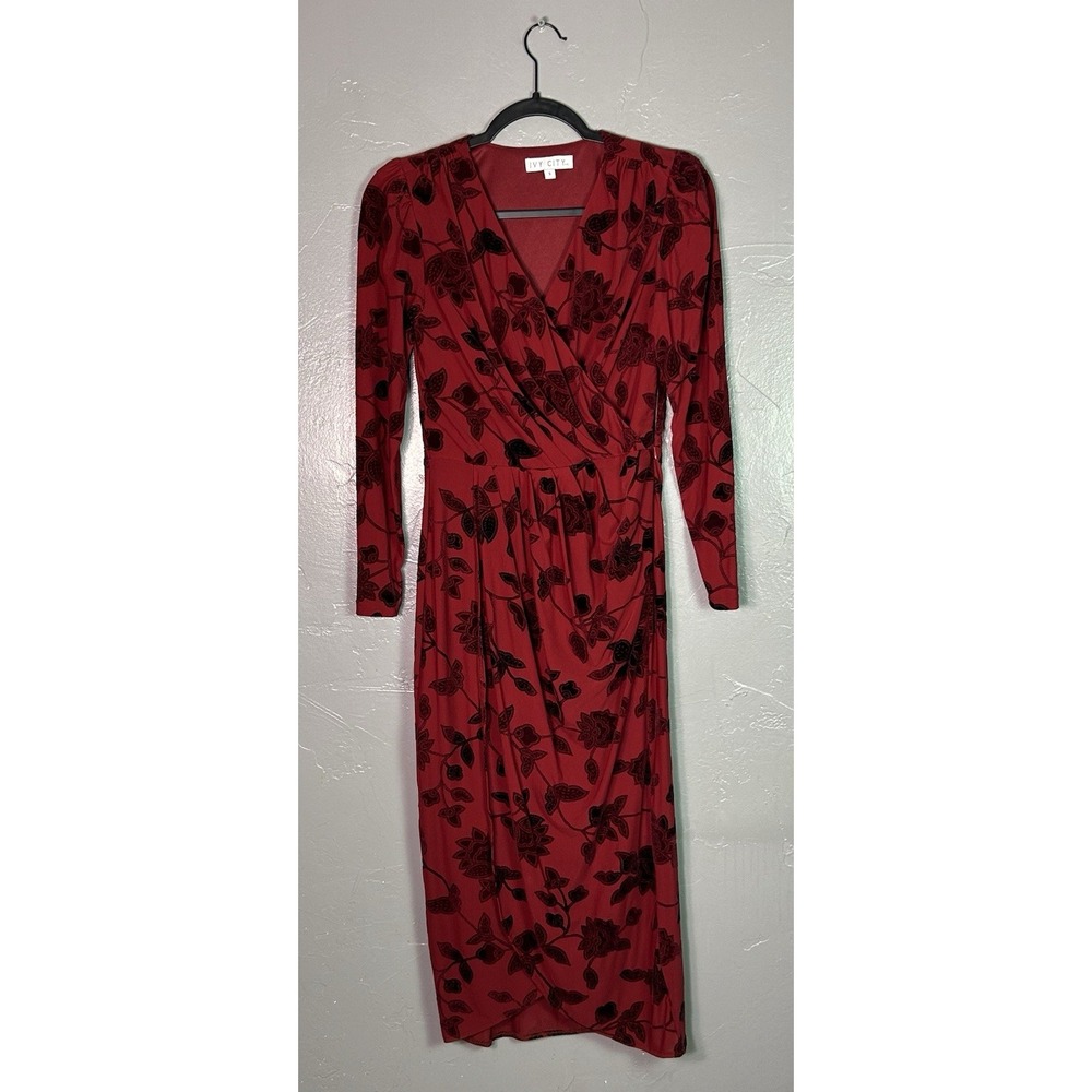 Ivy City Co. dark red burnout velvet midi dress Draped Wrap Front Size S Holiday